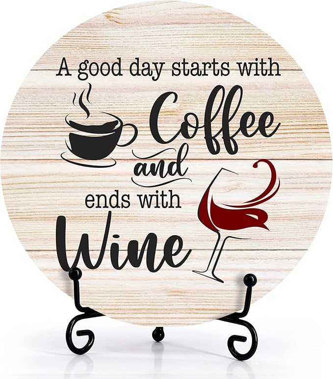 Coffee And Wine Desk Decor Sign, Rustic Funny Wooden Box Plaque, A Good Day Starts With Coffee And Ends With Wine Wood Sign, Decor For Home Kitchen Table Top, Wooden Round With Stand-23
