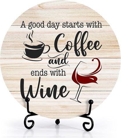 Coffee And Wine Desk Decor Sign, Rustic Funny Wooden Box Plaque, A Good Day Starts With Coffee And Ends With Wine Wood Sign, Decor For Home Kitchen Table Top, Wooden Round With Stand-23