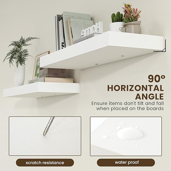 Deep Floating Shelves | 36 Inch White Floating Shelves Set of 2 | 12 Inch Deep Rustic Wood Shelves for Wall | 36