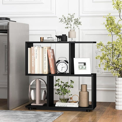 Giantex 3-Tier Geometric Bookshelf Set of 2, 24" Tall Wood S-Shaped Display Shelves with Thick Foot Pads, Freestanding Open Shelves Nightstand, Floor Standing Display Shelf Bookcase, Black