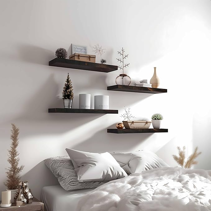 Wood Floating Shelves for Wall Decor, Rustic Wall Shelves for Bedroom Bathroom Kitchen Living Room, Set of 6 Walnut