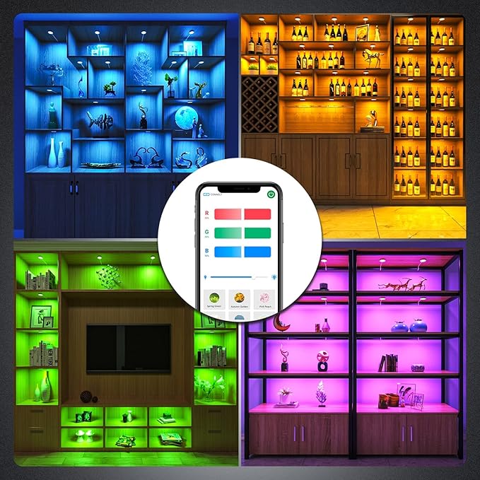 BASON LIGHTING RGB Under Cabinet Lighting, Halloween Decoration Lights, Bluetooth APP Control LED Puck Lights, Dimmable, Adapter Powered Shelf Decorative for Kitchen, Counter, Glass Cabinets