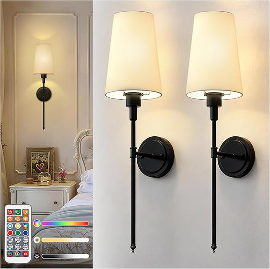 DORESshop Battery Operated Wall Sconce Set of 2, Wireless Wall Light Easy to Install, 15 Color Rechargeable Wall Sconces, Sconce Wall Decor Set of 2 for Bedroom, Living Room, Black, 27in