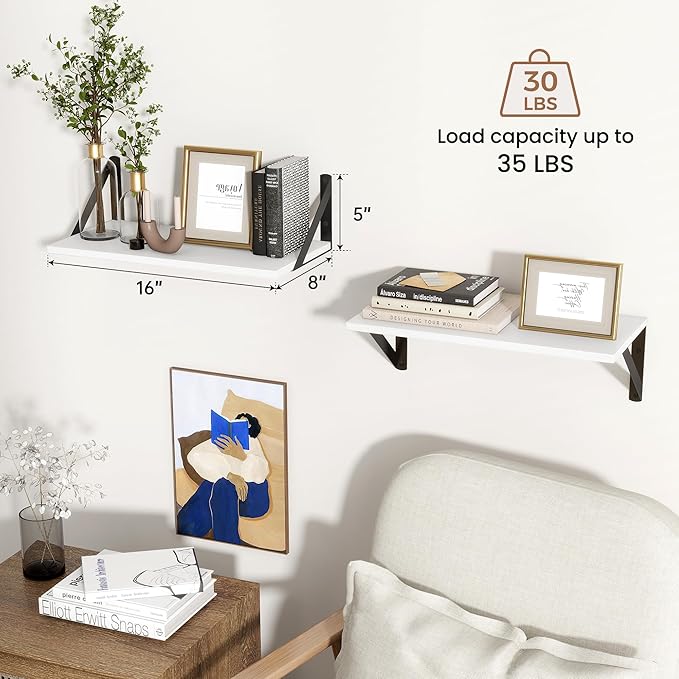 Axeman White Floating Shelves for Wall, 16''W x 8''D Floating Shelves Set of 2, 8 Inch Deep Wall Shelves for Bookshelf Living Room Bedroom Home Office Bathroom