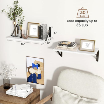 Axeman White Floating Shelves for Wall, 16''W x 8''D Floating Shelves Set of 2, 8 Inch Deep Wall Shelves for Bookshelf Living Room Bedroom Home Office Bathroom