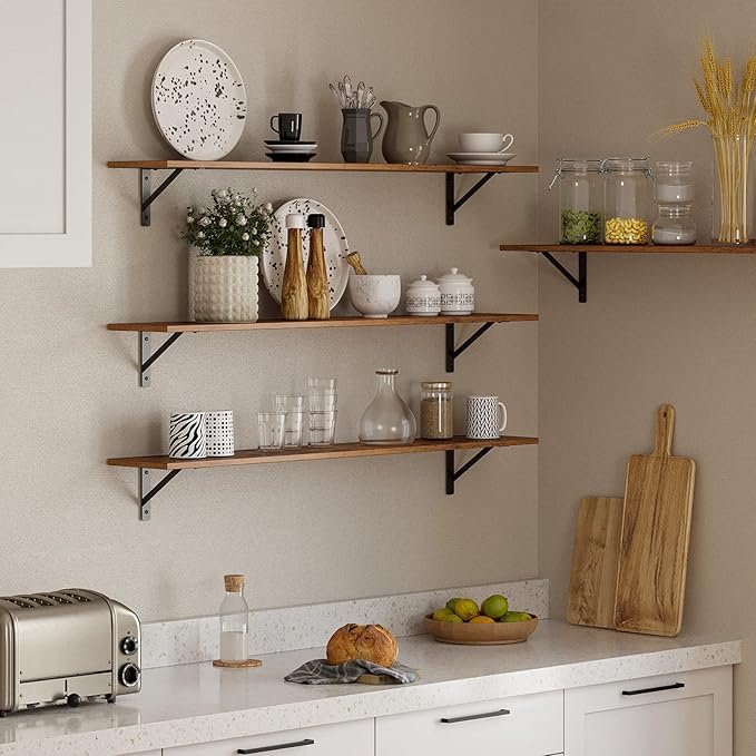 DINZI LVJ Long Wall Shelves, 55.1Inch Wall Mounted Shelves Set of 2, Extra Large Floating Storage Ledges with Sturdy Metal Brackets for Living Room, Bathroom, Bedroom, Kitchen, Rustic Brown