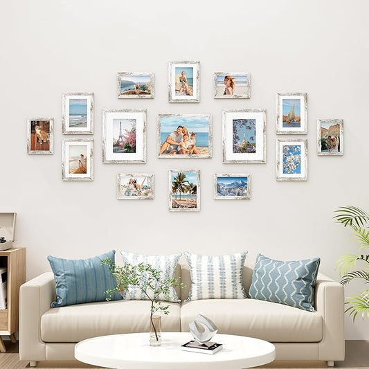 Vittanly 15 Pack Picture Frames Collage Wall Decor for Mounting or Tabletop Display, Gallery Frame Set for Family, Multi Sizes Including 3pcs 8x10, 6pcs 5x7, 6pcs 4x6, Distressed White