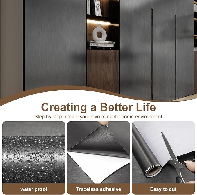 Dark Gray Stainless Steel Contact Paper Peel and Stick Countertop 15.7x196 Stainless Steel Peel Stick Wallpaper Self Adhesive Thick Vinyl Waterproof for Wall Paper Fridge Kitchen Cabinets