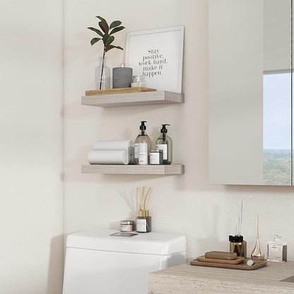 Heimlove 16 inch Grey Floating Shelves for Wall,6.7 inch Deep Small Bathroom Over Toilet Shelf,Wall Mounted Wood Shelves for Bedroom,Living Room,Kitchen,Office,Set of 2
