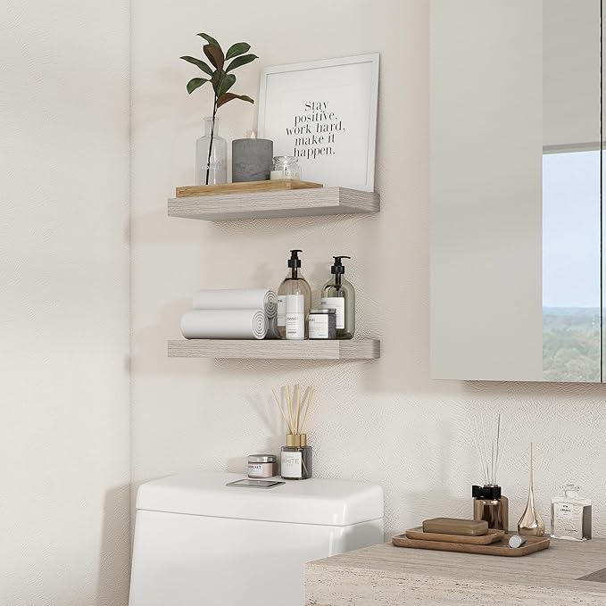 Heimlove 16 inch Grey Floating Shelves for Wall,6.7 inch Deep Small Bathroom Over Toilet Shelf,Wall Mounted Wood Shelves for Bedroom,Living Room,Kitchen,Office,Set of 2