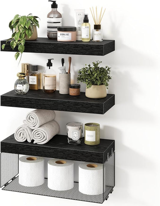 Bathroom Floating Shelves for Wall,16 inch Wall Mounted Floating Shelf Toilet Organizer and Storage,Small Farmhouse Decor Shelf,Black,Set of 3