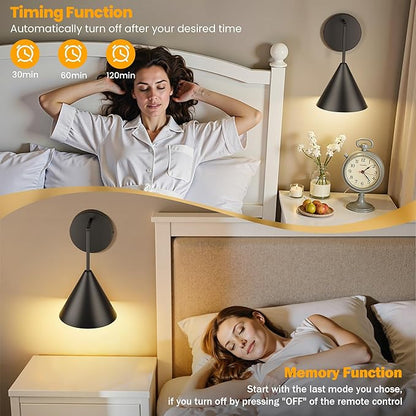 Rechargeable Wall Sconce Set of 2, Black Wireless Battery Operated Wall Lamp with Remote, Dimmable & Timer, Modern Industrial Indoor Light Fixture, Bulb Included