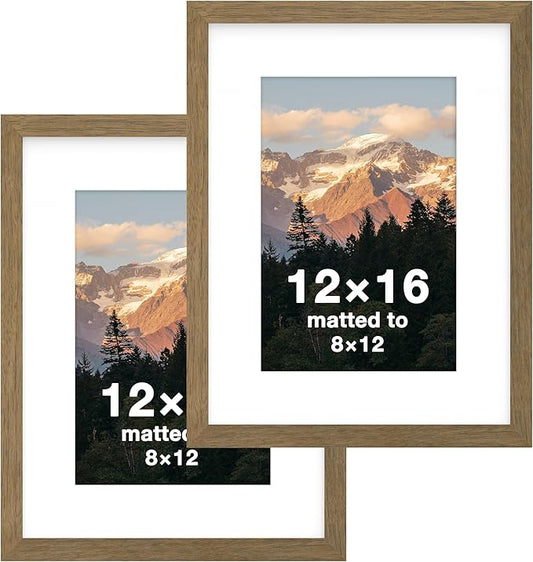 FrameWorks 2-Pack, 12x16 Matted to 8x12 Picture Frame, Dark Oak – Classic Wooden Photo Frame with Tempered Glass, Modern Matte Finish for Prints, Posters, Certificates & Wall Decor – Gallery-Ready