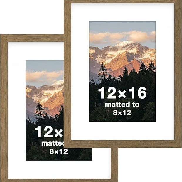 FrameWorks 2-Pack, 12x16 Matted to 8x12 Picture Frame, Dark Oak – Classic Wooden Photo Frame with Tempered Glass, Modern Matte Finish for Prints, Posters, Certificates & Wall Decor – Gallery-Ready
