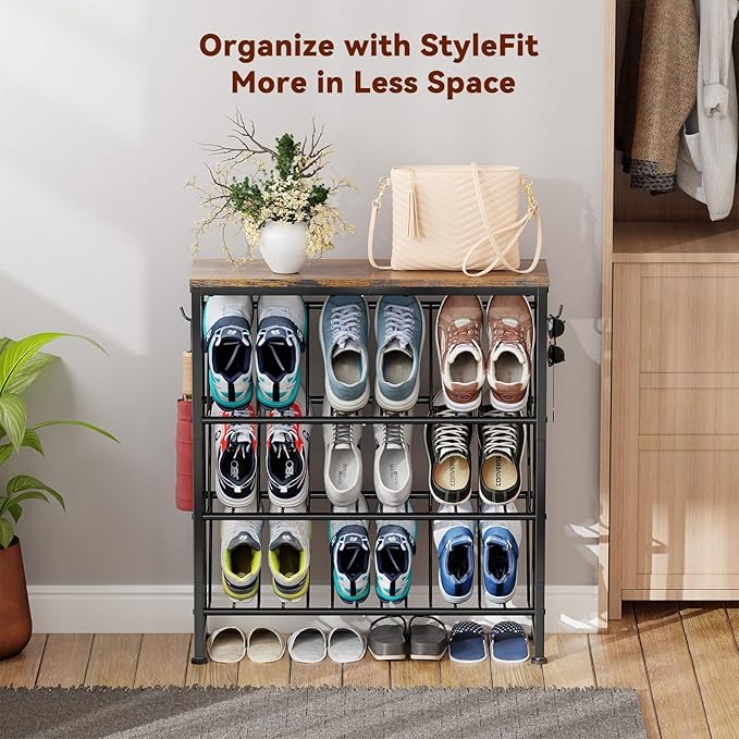 4 Tier Narrow Shoe Rack, Slanted Metal Shoe Organizer with Wooden Top and Metal Frame-Shoe Storage Shelf for Entryway, Closet, Rustic Brown and Black