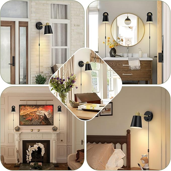 Plug in Wall Sconces Set of 2, Dimmable Wall Lights with Plug in Cord and Dimmer On/Off Knob Switch, Adjustable Angle Black Wall Mounted Lamp for Bedside Bedroom Living Room (2 Bulbs Included)