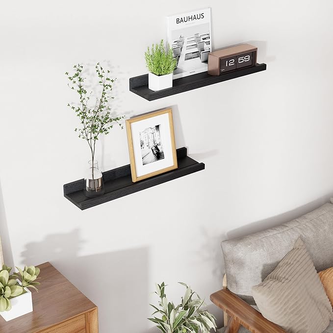 RICHFOCUS Floating Shelves for Wall, 24 inch Solid Wood Picture Ledge Shelf for Wall Storage, Nursery Book Shelves with Lip for Living Room Bathroom Bedroom Kitchen, Set of 2, Distressed Black