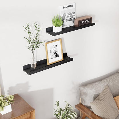 RICHFOCUS Floating Shelves for Wall, 24 inch Solid Wood Picture Ledge Shelf for Wall Storage, Nursery Book Shelves with Lip for Living Room Bathroom Bedroom Kitchen, Set of 2, Distressed Black