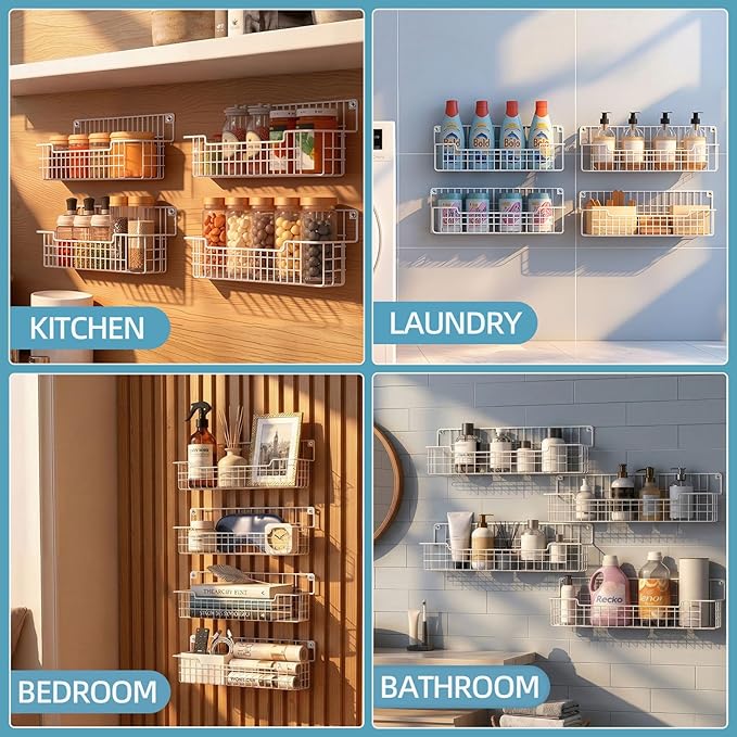 Spice Rack, 4-Pack Seasoning Organizer Wall Mounted for Kitchen Storage Organization, Metal Spice Holder Shelf for Cabinet, Pantry, White