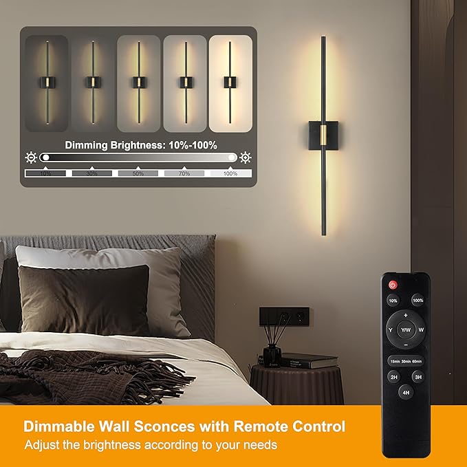 40 Inch Battery Operated Wall Sconce Set of Two, Dimmable Wall Sconces with Remote Control, Black Gold Rechargeable Sconces, Modern Wireless Wall Lights for Bathroom, Bedroom,Living Room