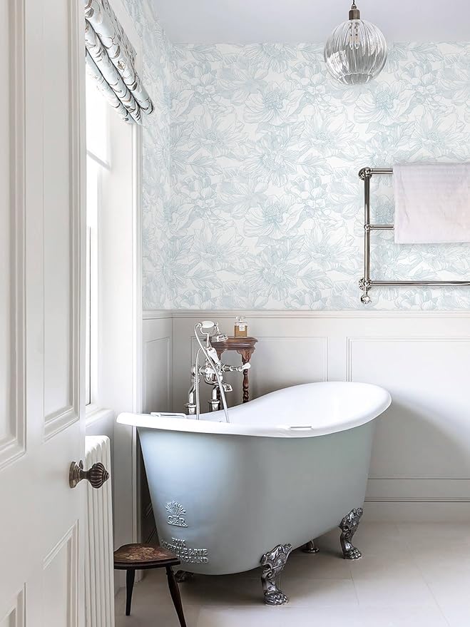 Ismoon Large Floral Peel and Stick Wallpaper Boho White and Blue Contact Paper 17.3inx32.7ft Modern Wall Paper Removable Self Adhesive Vinyl Wallpaper for Bedroom Cabinet Waterproof Mural Wall Decor