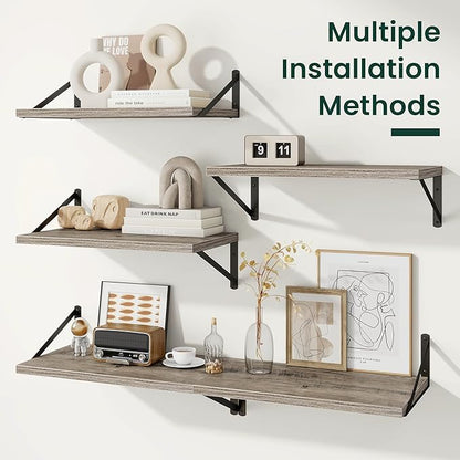 Floating Shelves, 12 Inch Deep Rustic Wood Wall Storage, 48W x 12D Wall Shelves Set of 2, Heavy Duty Metal Brackets, Large Industrial Book Shelf for Living Room, Kitchen, Bedroom, Grey