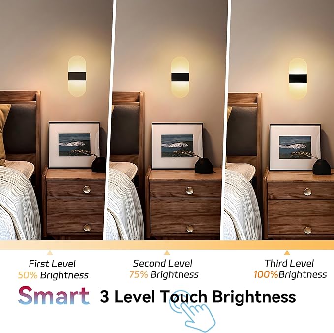 Modern Wall Sconces,2 PCS Acrylic LED Wall Lamps for Living Room Bedroom Hallway,Rechargeable USB Battery Operated,Adjustable Light,Bedside Lights,Touch Control Switch Warm Light(Arc-Shaped)