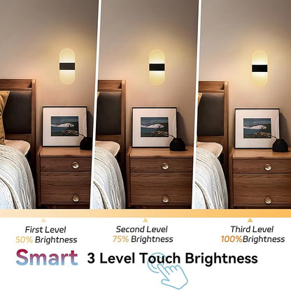 Modern Wall Sconces,2 PCS Acrylic LED Wall Lamps for Living Room Bedroom Hallway,Rechargeable USB Battery Operated,Adjustable Light,Bedside Lights,Touch Control Switch Warm Light(Arc-Shaped)