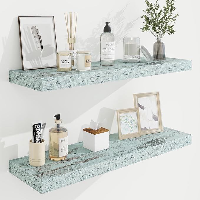 32in Floating Shelves for Wall, 32"W x 9.25"D x 1.25"H, 2 Pack Long Wall Mounted Engineered Wood Shelves with Invisible Brackets for Living Room, Bedroom, Bathroom, Kitchen Decor and Storage, Blue