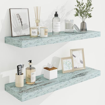 32in Floating Shelves for Wall, 32"W x 9.25"D x 1.25"H, 2 Pack Long Wall Mounted Engineered Wood Shelves with Invisible Brackets for Living Room, Bedroom, Bathroom, Kitchen Decor and Storage, Blue