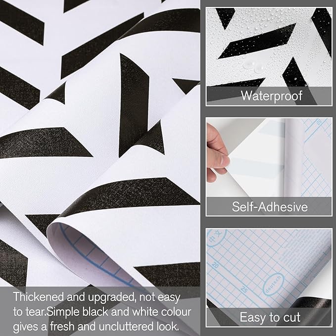 Black and White Peel and Stick Wallpaper Striped Wallpaper Herringbone Contact Paper 17.3"x120" Lattice Self Adhesive Waterproof Vinyl Roll for Bathroom Kitchen Backsplash Cabinets