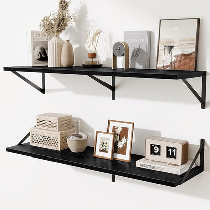 Floating Shelves for Wall,40" Wall Mounted Shelves Set of 2,Long Wood Floating Shelves,Hanging Wide Display & Storage Shelf with Metal Brackets for Bathroom,Bedroom,Kitchen,Living Room,Black