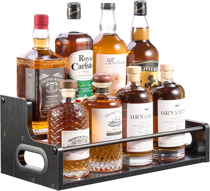 2-Tier Liquor Bottle Display Shelf, Coffee Syrup Rack Organizer, Water Bottle Organizer, Mini Bar Cabinet, Rustic Bar Shelves for Liquor Whiskey, Spirits（Black）