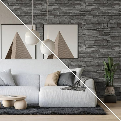 Abyssaly Dark Grey Stone Brick Wallpaper Peel and Stick Backsplash 17.71" X 118" Self-Adhesive Removable Contact Paper Stick on Wall Panels Faux 3D Stone Look Brick Shelf Paper Home Decorations