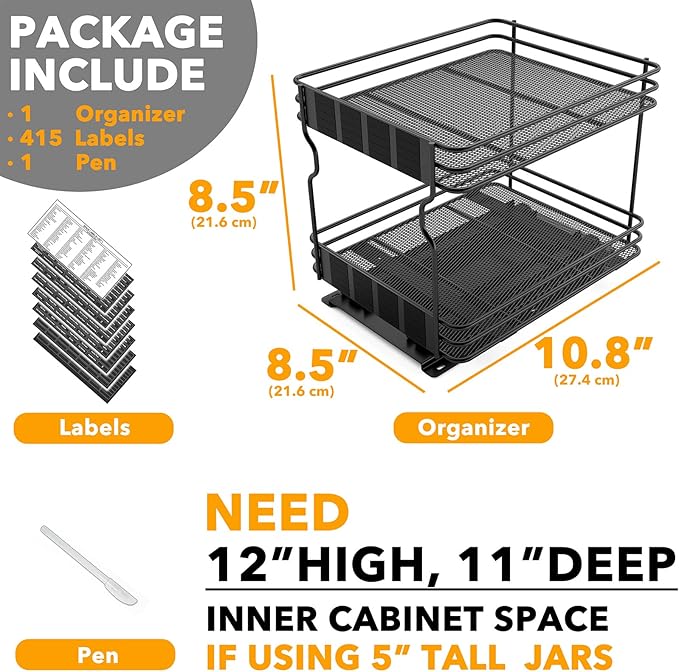 SpaceAid Pull Out Spice Rack Organizer for Cabinet, Heavy Duty Slide Out Seasoning Kitchen Organizer, Cabinet Organizer, with Labels, 8.5