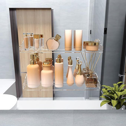 Acrylic Shower Shelves, 2 Pack Self Adhesive Bathroom Clear Floating Shelf Wall Mounted Thick Storage and Decor Rv Accessories Display No Drilling Organization Home Apartment Essentials