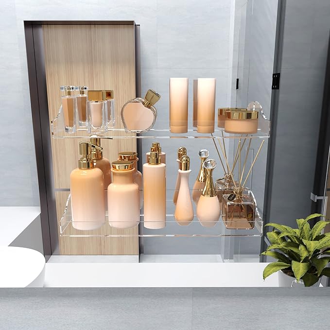 Acrylic Shower Shelves, 2 Pack Self Adhesive Bathroom Clear Floating Shelf Wall Mounted Thick Storage and Decor Rv Accessories Display No Drilling Organization Home Apartment Essentials