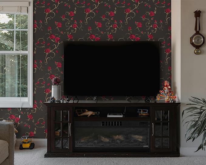 FLFK Peel and Stick Gothic Wallpaper Red Rose Floral Wallpaper 16in x 128in Waterproof Removable Wall Paper for Bedroom Bathroom Cabinet Decor