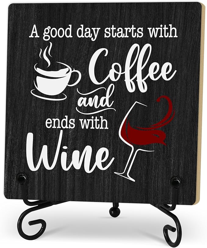 Coffee And Wine Desk Decor Sign, Rustic Wooden Sign With Stand, A Good Day Starts With Coffee And Ends With Wine Sign For Farmhouse Home Kitchen Bar Shelf Table, Gifts For Family Friend Coworker-04