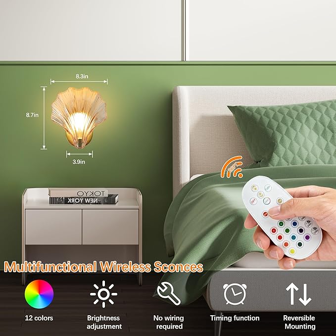 Vintage Battery Operated Wall Sconces with Remote, Amber Rechargeable Wireless Wall Sconces with Magnetic LED Bulbs, Indoor Shell Shaped Wall Lights for Living Room, Bedroom, Bedside, Doorway