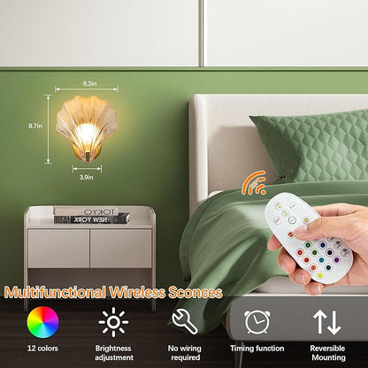 Vintage Battery Operated Wall Sconces with Remote, Amber Rechargeable Wireless Wall Sconces with Magnetic LED Bulbs, Indoor Shell Shaped Wall Lights for Living Room, Bedroom, Bedside, Doorway