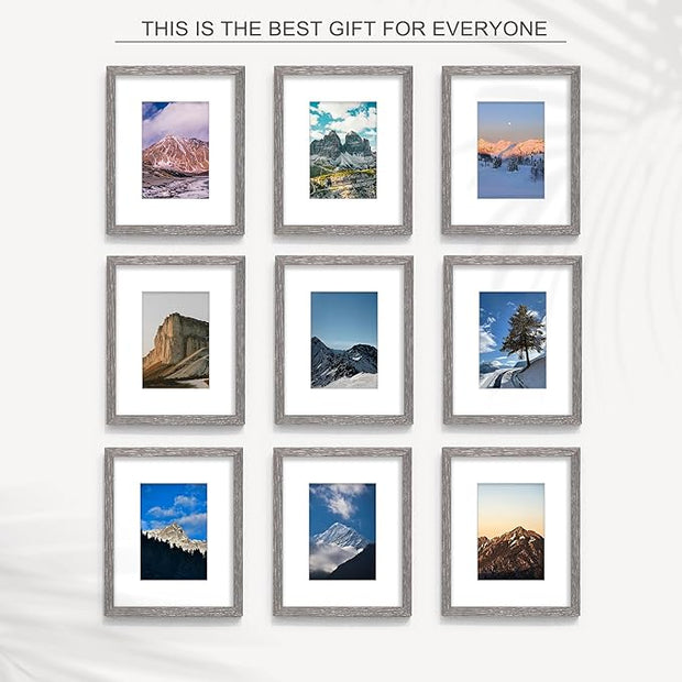 Wiscet 8x10 Picture Frame Set of 9, Display Pictures 5x7 with Mat or 8 x 10 Without Mat, Photo Frame for Wall Mounting or Tabletop, Grey