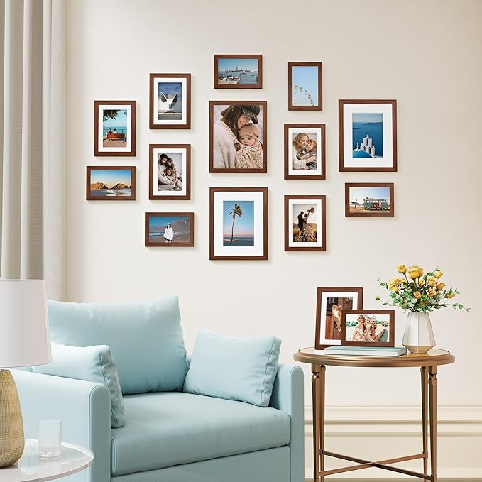Vittanly 15 Pack Picture Frames Collage Wall Decor, Multi Sizes Including 3pcs 8x10, 6pcs 5x7 and 6pcs 4x6 Photo Frames, Gallery Frame Set for Wall or Tabletop Display, Walnut Brown