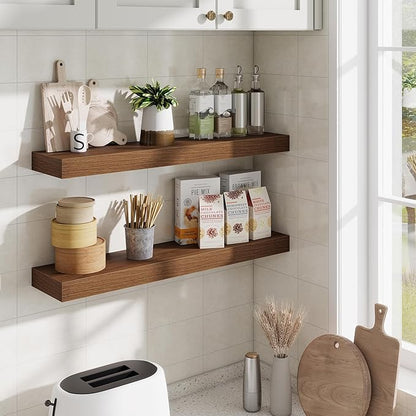 Fun Memories Floating Shelves 30 Inch, Wall Mounted Wood Shelf Set of 2, Farmhouse Decor for Bathroom, Bedroom, Kitchen, Living Room, Walnut