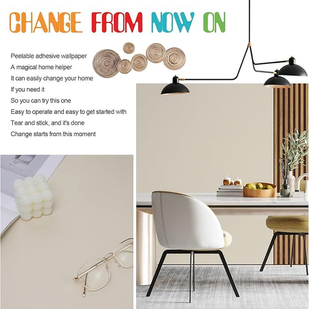 Amiya Cream Peel and Stick Wallpaper Solid Color Textured Contact Paper Pure Beige Self Adhesive Wallpaper Matte Removable Wall Paper Decorative Walls Decal Vinyl Roll A Set of15.7×236"