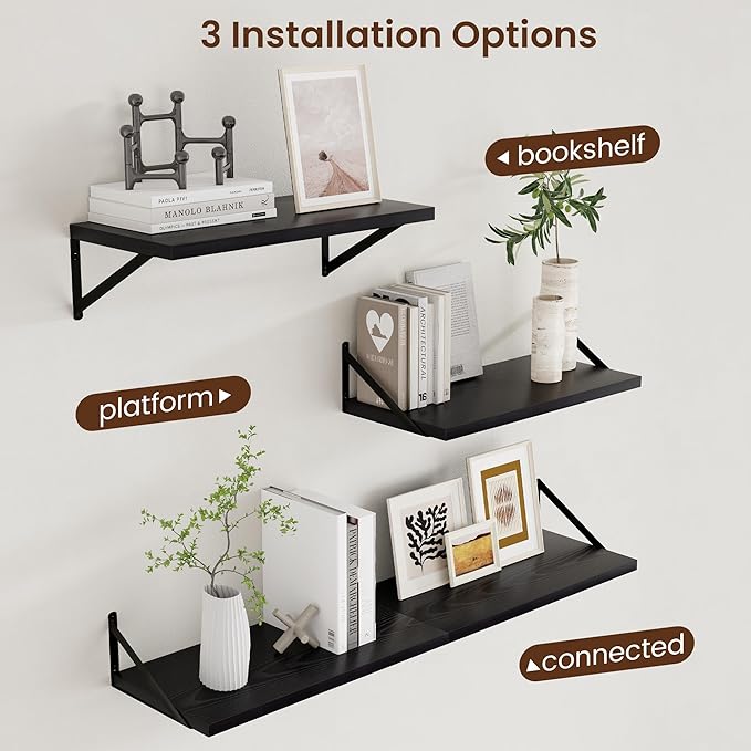 Axeman Deep Floating Shelves Black- 24 Inch Wide x 12 Inch Deep Wall Shelves Set of 2 - Black Wood Wall Shelves for Living Room Bedroom Laundry Room