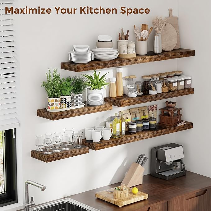 Heimlove 16 Inch Floating Shelves for Wall Set of 2, Rustic Brown Wall Mounted Wood Shelves 8 Inch Deep with Invisible Brackets for Bedroom Kitchen Living Room