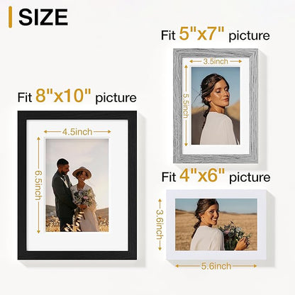 Vittanly Picture Frames Set of 10, Picture Frames Collage Wall Decor with Two 8x10, Four 5x7, and Four 4x6 Photo Frames, Gallery Wall Frame Set for Wall or Tabletop Display, Black, Grey and White