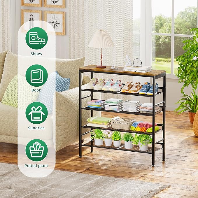 Shoe Rack for Entryway, 5 Tier Shoe Rack Organizer with Storage Shelves and Spacious Top, Rustic Brown