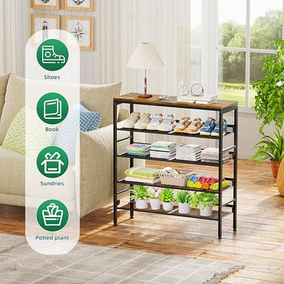Shoe Rack for Entryway, 5 Tier Shoe Rack Organizer with Storage Shelves and Spacious Top, Rustic Brown